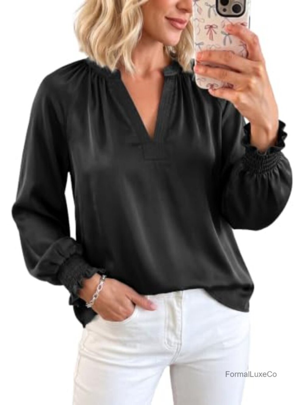 Satin V-Neck Long Sleeve Blouse with Smocked Cuffs